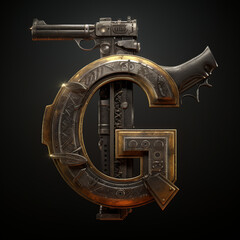 gun, steampunk, alphabet, a, b, c d, f, g, h, j, k, l, m, n, p, q, r, s, t, v, x, z, weapon, isolated, metal, old, machine, white, equipment, steel, technology, retro, tool, iron, generative ai