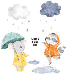 Weather watercolor collection for children. Koala bear and raccoon animal clip art. Cloud and cold autumn, winter, spring graphic set.  Summer Rainbow illustration for kids. Educational clip art 