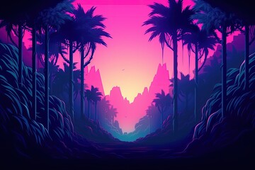 Jungle illustration, game scene, retro style, 80s, vaporwave, neon light. Generative AI