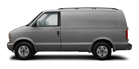 Small classic cargo van in gray, isolated on a white background.