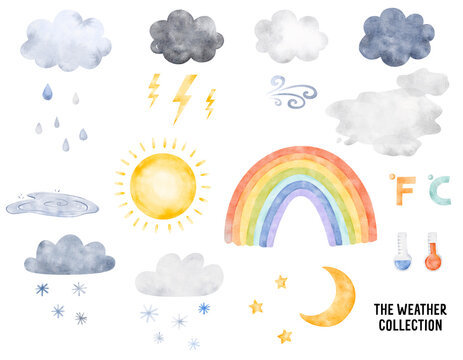 Weather watercolor collection for children. Clouds, rainy days clip art. Sun and cold autumn, winter, spring graphic set.  Summer Rainbow illustration for kids. Educational clip art 