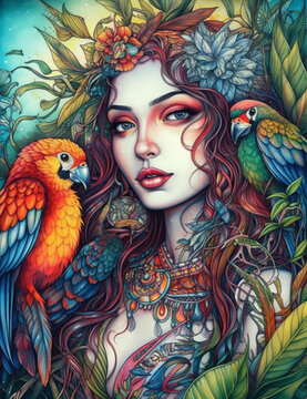 Amazon fairy girl with birds in the jungle. Generative AI