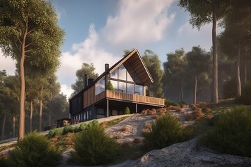 Landscape with modern house in nature, wood trim, architecture concept. Generative AI