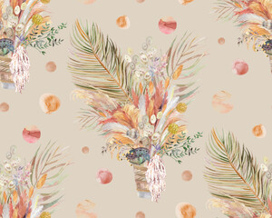 Seamless watercolor botanical pattern with tropical bouquet and palm leaves for textile