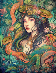 Amazon fairy girl with snakes in the jungle. Generative AI