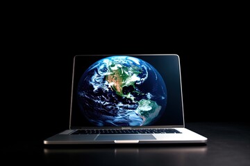 Planet earth on laptop screen, technology and globalization concept, black background. Generative AI