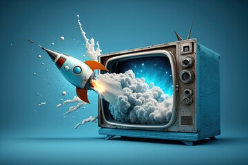 Illustration of rocket taking off from a TV, business and startup concept, background. Generative AI