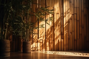 Wooden wall with bamboo plant in the room, Generative Ai