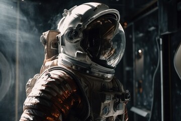 Astronaut in a spacesuit and helmet on the background of the planet, Generative Ai