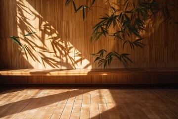 Bamboo leaf shadow on the wooden wall, Generative Ai