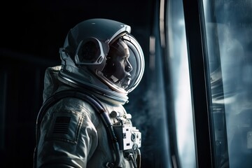 Fototapeta premium Astronaut in a spacesuit and helmet on the background of the planet, Generative Ai