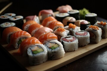 Sushi set in a wooden box on a wooden board, Generative Ai