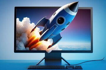 Illustration of rocket and computer monitor, business and technology concept. Generative AI