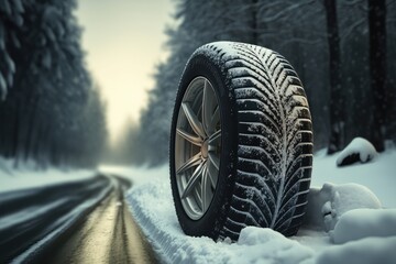 Winter road with car tires in the snow, Generative Ai