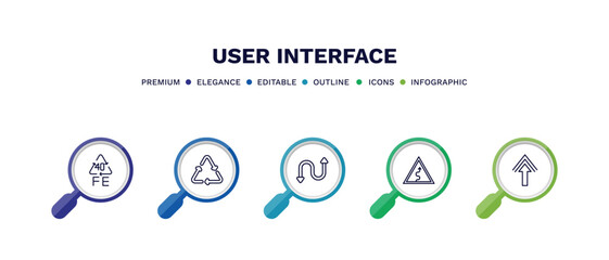 set of user interface thin line icons. user interface outline icons with infographic template. linear icons such as 40 fe, recycable, bending, curvy road warning, pointing up arrow vector.