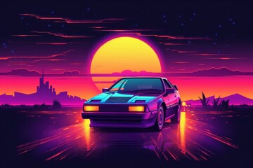 Obraz na płótnie Canvas Retro car on the road at sunset. Digital illustration in retro style, Generative Ai