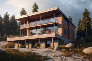Landscape with modern house in nature, wood and concrete finish. Generative AI