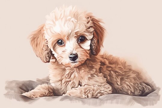 A drawing of a puppy laying on its blanket, in the style of soft colour blending, poodlepunk, realistic animal portraits, light orange and beige, marine painter, detailed, Generative Ai