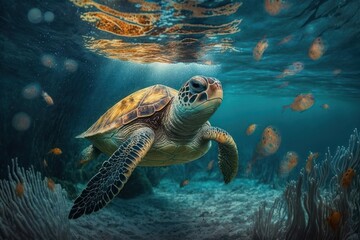 Fototapeta premium Hawaiian Green Sea Turtle swim in the blue ocean underwater, Generative Ai