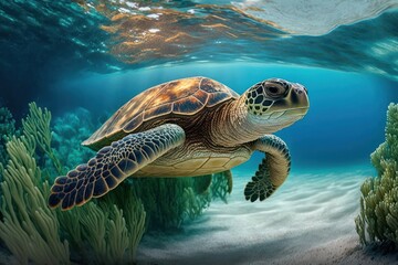 Hawaiian Green Sea Turtle swim in the blue ocean underwater, Generative Ai