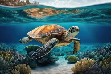 Obraz premium Hawaiian Green Sea Turtle swim in the blue ocean underwater, Generative Ai