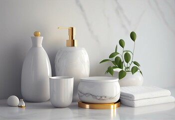 Obraz na płótnie Canvas Luxury white marble tabletop with ceramic bath accessories containers and copy space. Generative AI