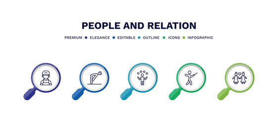 set of people and relation thin line icons. people and relation outline icons with infographic template. linear icons such as technician, ruku, juggling ball, fencing attack, lesbian couple vector.