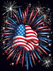 4th of July, Independence day - greeting design with USA patriotic colors firework burst rays. can be used for t-shirt graphics, print. Vector illustration. Generative Ai.