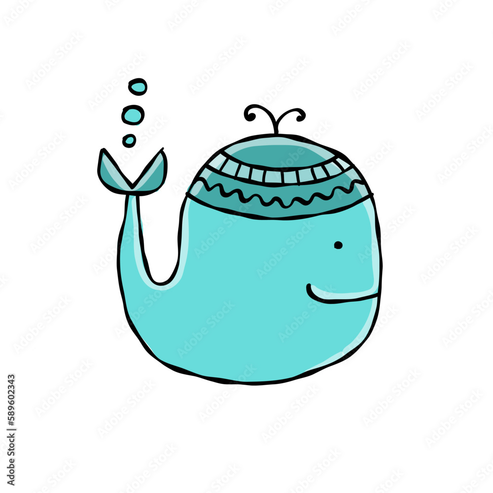 Poster funny wild whale character. childish style icon, turquoise colors. isolated on white for your design