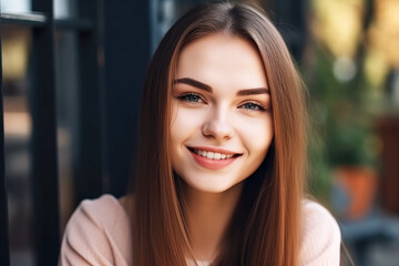 Fototapeta premium A portrait of an attractive girl seating outdoors. Created with Generative AI, no one recognisable. Not a real person.