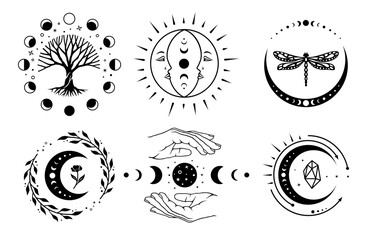 Moon phases silhouette, celestial magic sign. Set of crescent moon symbol. Boho lunar design. Mystic vector illustration.