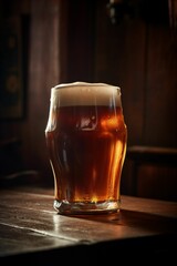 Pinte de bière avec de la mousse, verre sur un comptoir en bois dans un pub ou dans un bar, illustration ia générative 14