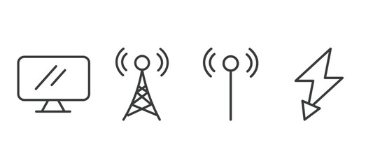 set of technology thin line icons. technology outline icons included simple screen, cell tower, antenna, green flash vector.