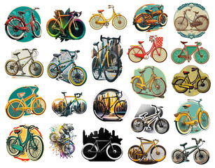 Sport bmx, extreme fixbike and vintage bicycle sticker clipart. Concept for World Bicycle Day, Car Free Day, Bike to Work Day, Cycle to Work Day. Generative AI