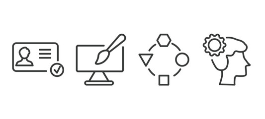 set of startup and strategy thin line icons. startup and strategy outline icons included identity, web de, adaptation, strategy thought vector.