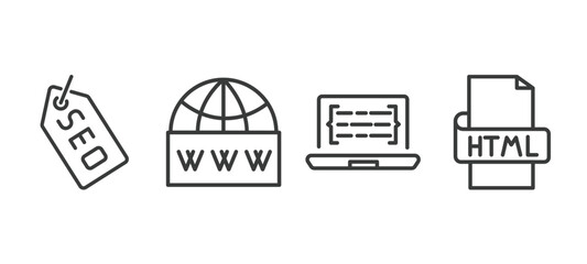 set of information technology thin line icons. information technology outline icons included seo tags, web domain, code listing, html vector.