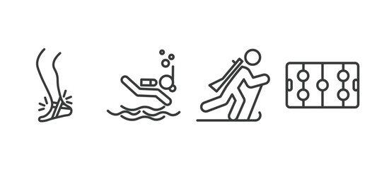 set of sport and game thin line icons. sport and game outline icons included sprained ankle, scuba diving, biathlon, hockey arena vector.