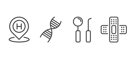 set of medical and healthcare thin line icons. medical and healthcare outline icons included hospital placeholder, medical chain of dna, dentist tool, sticking plaster vector.