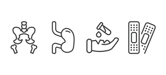 set of medical and healthcare thin line icons. medical and healthcare outline icons included pelvic area, esophagus, acid falling on hand, plastering vector.