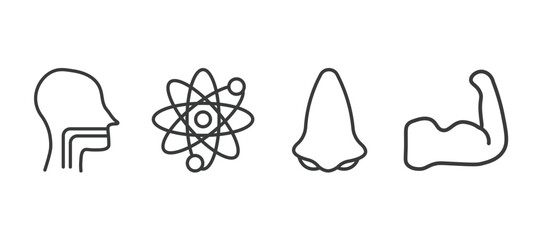 set of medical and healthcare thin line icons. medical and healthcare outline icons included pharynx, atomic structure, l, strong vector.