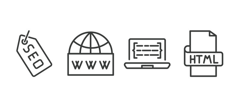 set of information technology thin line icons. information technology outline icons included seo tags, web domain, code listing, html vector.