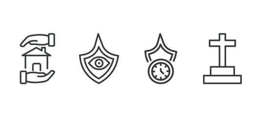 set of insurance and coverage thin line icons. insurance and coverage outline icons included house insurance, vision long term protection, funeral vector.