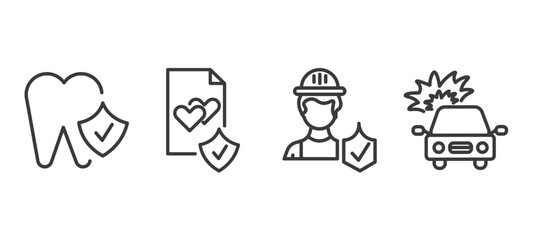 set of insurance and coverage thin line icons. insurance and coverage outline icons included dental insurance, marriage contract, construction risk, burning car vector.
