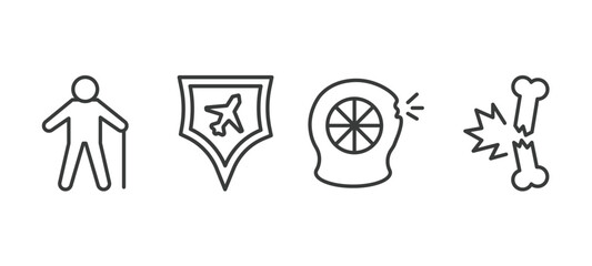 set of insurance and coverage thin line icons. insurance and coverage outline icons included elderly, air travel insurance, puncture in a wheel, fracture vector.
