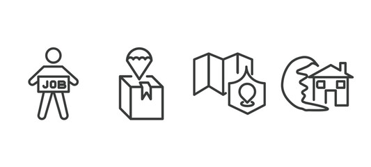 set of insurance and coverage thin line icons. insurance and coverage outline icons included unemployed, delivery insurance, coverage area, tsunami vector.