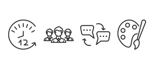 set of human resources thin line icons. human resources outline icons included 12 hours, work team, dialogue, art vector.