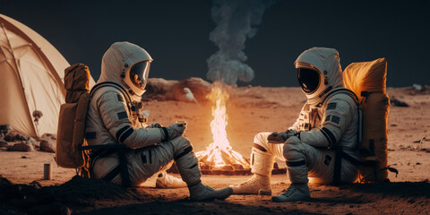 Two astronauts have a sincere conversation in the evening around a campfire near a tent on the moon. Expedition to unknown space. Lifestyle and journey concept. created with ai