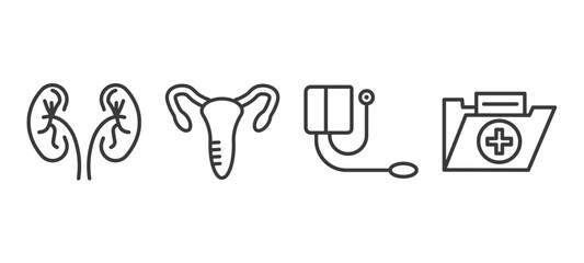 set of health and medical thin line icons. health and medical outline icons included urology, gynecology, blood pressure gauge, medical file vector.