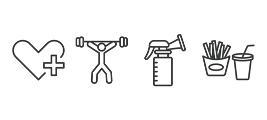set of health and medical thin line icons. health and medical outline icons included health care, weightlifting, breast pump, fast food vector.