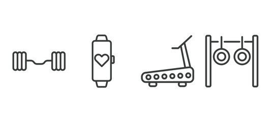 set of fitness and gym thin line icons. fitness and gym outline icons included lifting barbell, fitness tracker, running treadmill, rings exercises vector.